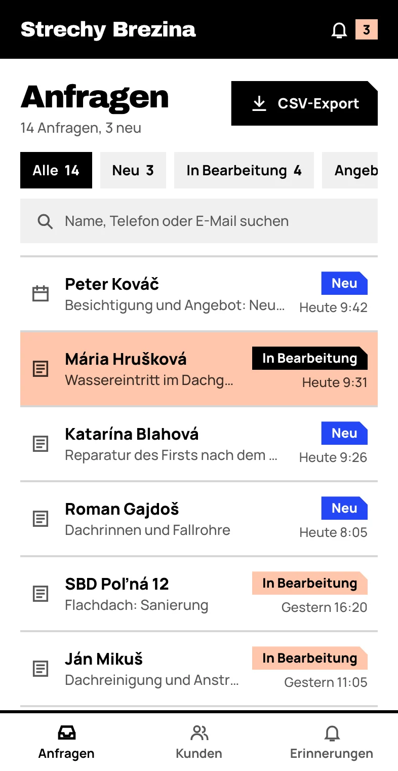 CRM-Vorschau am Handy: die Anfragenliste mit den Status neu, in Bearbeitung und Angebot. Die Daten sind erfunden.
