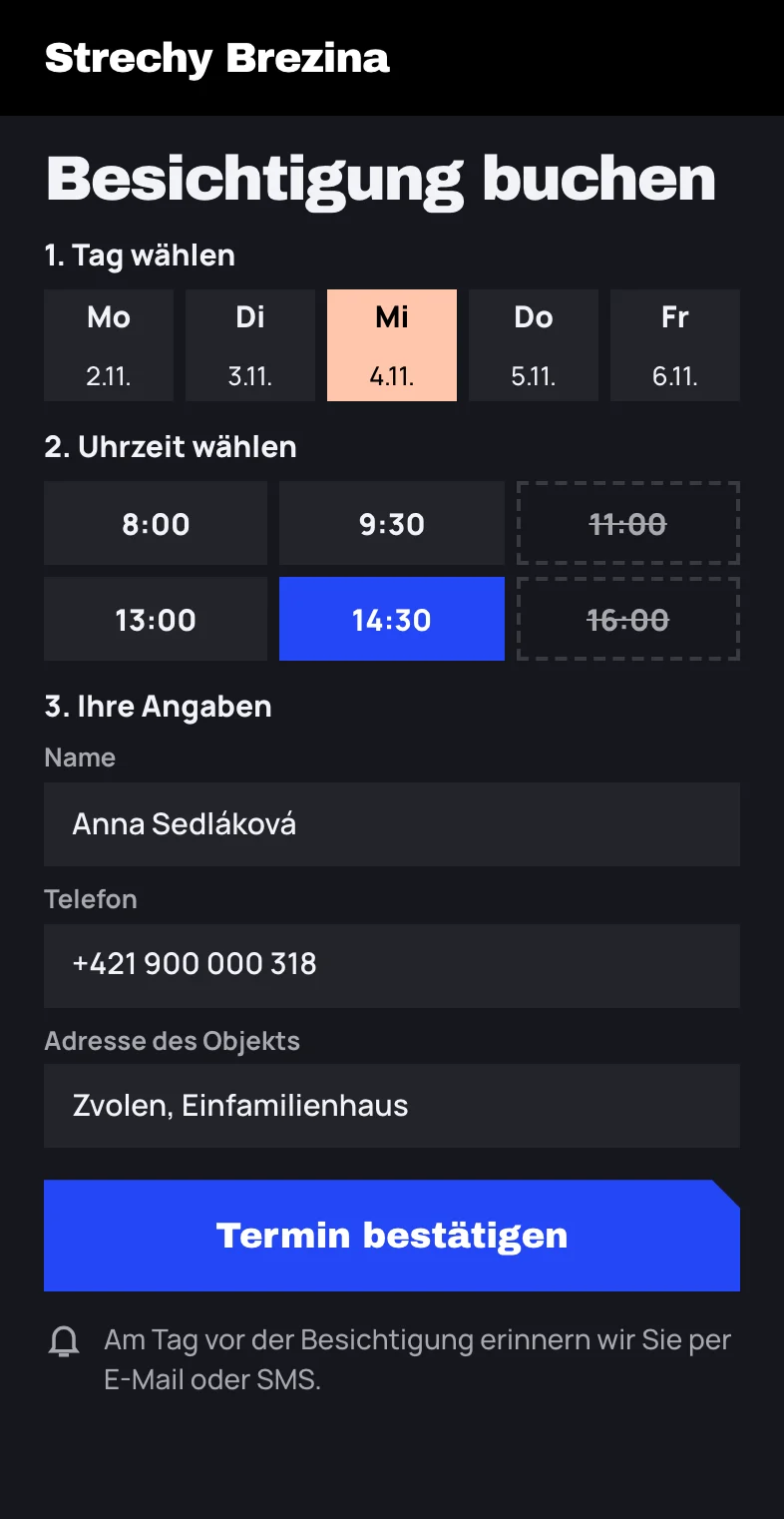 Vorschau der Online-Buchung am Handy: Auswahl von Tag und freier Uhrzeit für die Besichtigung, Kundendaten und die Schaltfläche zum Bestätigen. Die Daten sind erfunden.