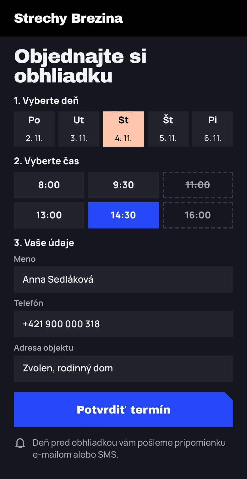 Ukážka online objednávania v mobile: výber dňa a voľného času obhliadky, údaje zákazníka a tlačidlo na potvrdenie termínu. Údaje sú vymyslené.