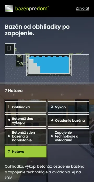 bazénpredom, website of GPI Group. The view on a phone: the headline, the section drawing of a pool and the building steps.